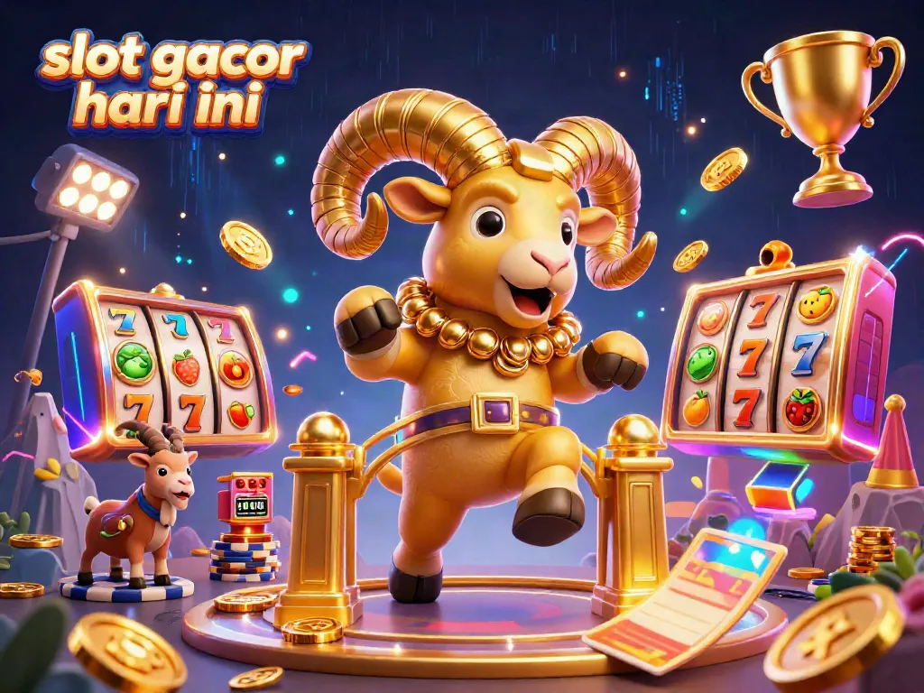 Kilatan slot gacor hari ini dengan domba emas yang berapi-api dan simbol slot di sekitarnya.