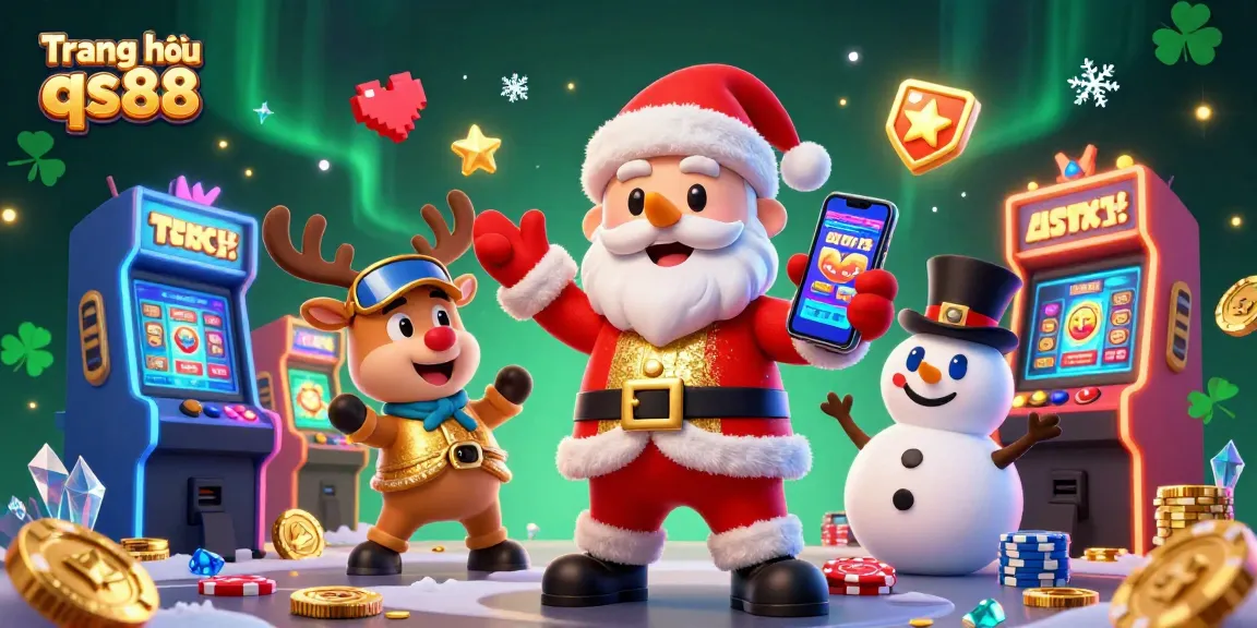 Experience the excitement of Trang chủ qs88 with Santa and friends playing jackpot slots in a vibrant casino scene.