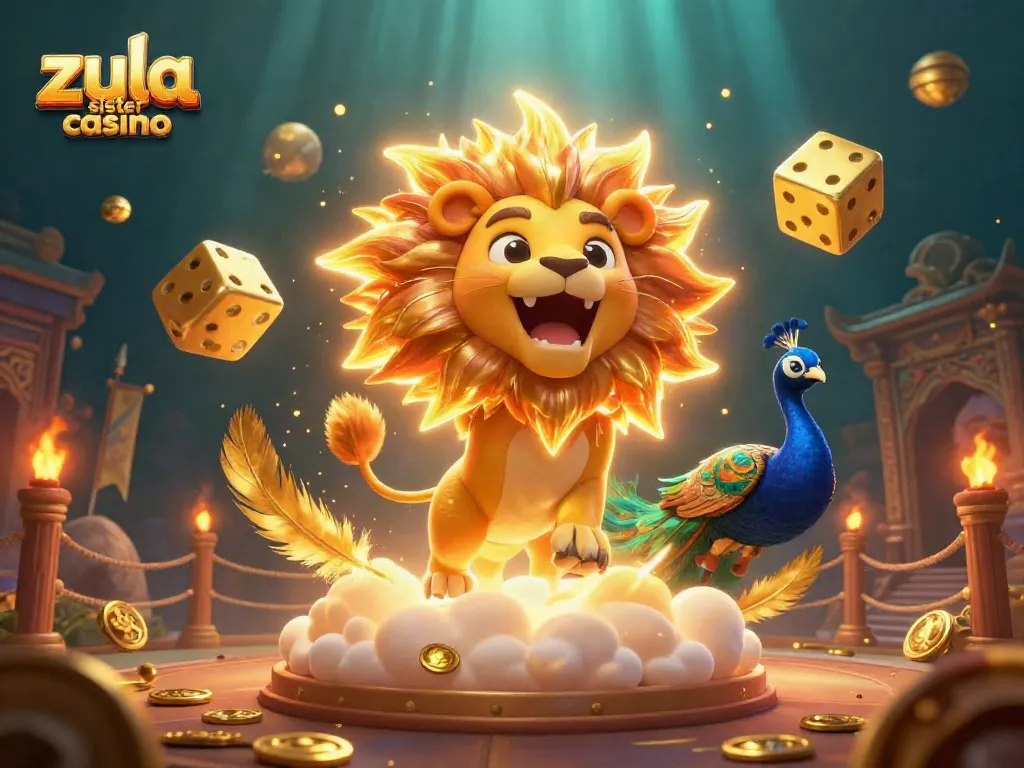 Join the excitement at Zula sister casino with a vibrant illustration of a roaring lion and dynamic casino elements.