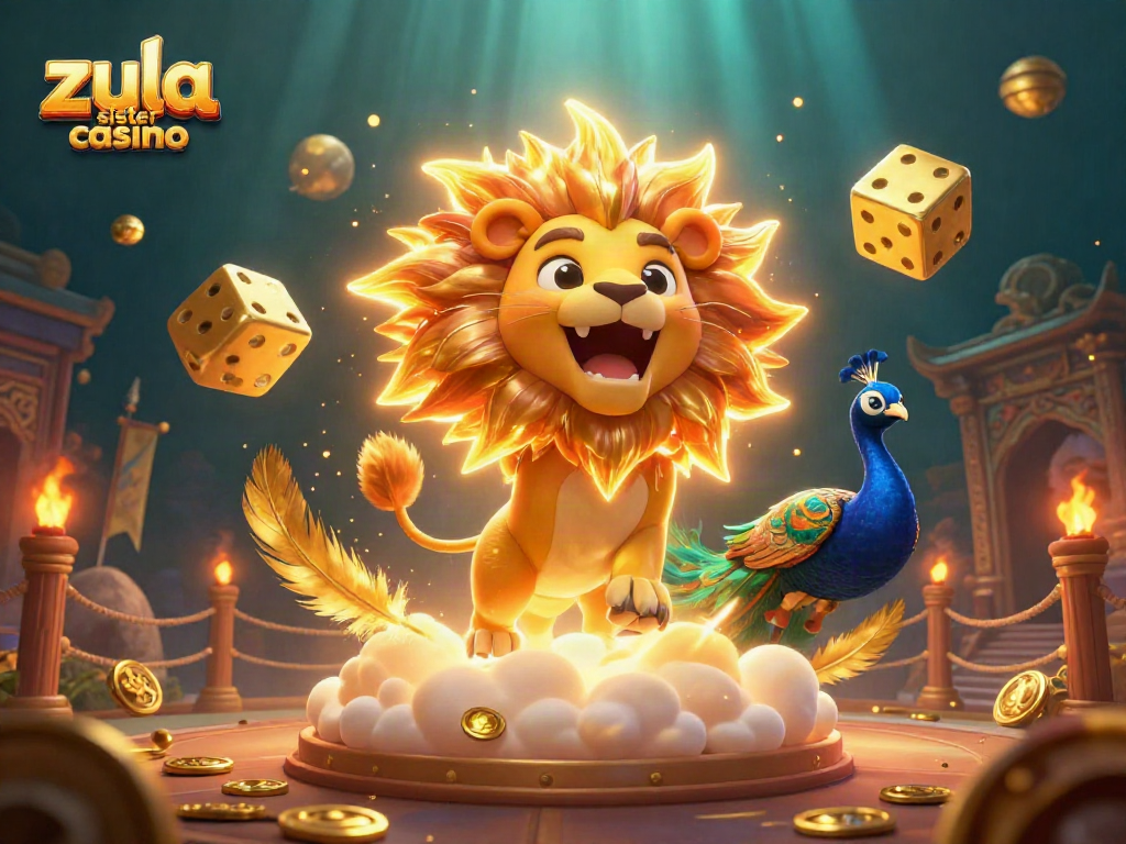 Join the excitement at Zula sister casino with a vibrant illustration of a roaring lion and dynamic casino elements.