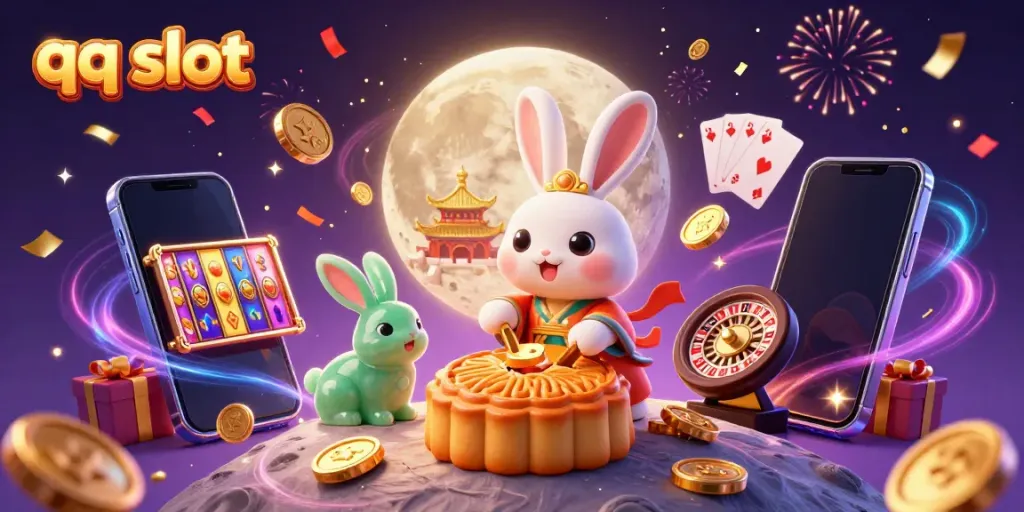 Experience exciting gaming with the qq slot amidst lively casino elements, moon rabbit, and golden coins.