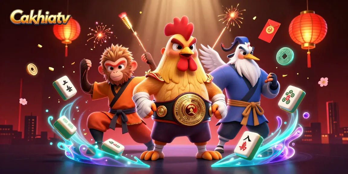 Experience thrilling gaming with Cakhiatv's vibrant 3D casino illustration featuring exciting characters and festive elements.