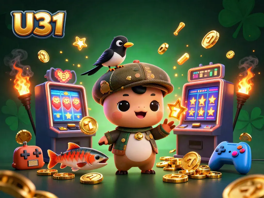 Spin and win with U31, featuring playful cartoon characters and dynamic casino elements.