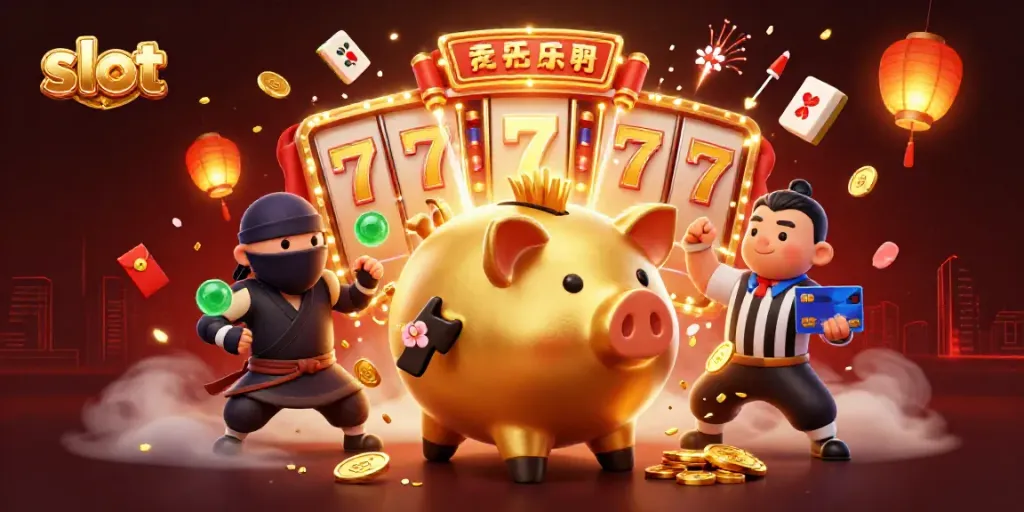Experience thrilling slot action with a colossal golden piggy bank wrestler and glowing reels in a vibrant casino
