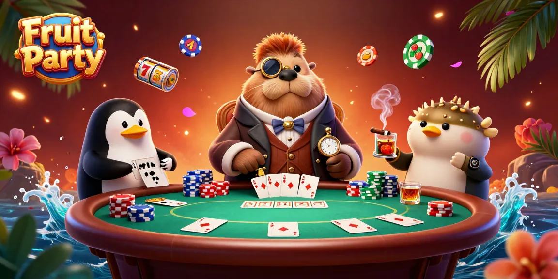 Engage in the excitement of Fruit Party: A jolly walrus plays slots underwater with friends at a vibrant poker table.