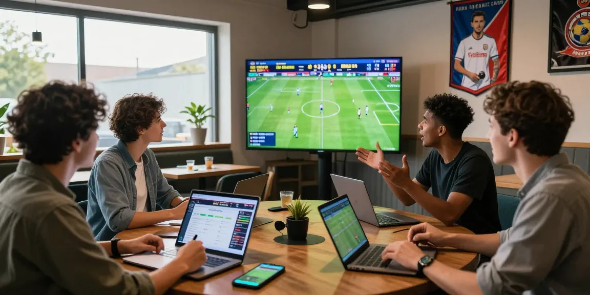 Sports enthusiasts discussing live soccer odds and soi keo in a modern lounge.