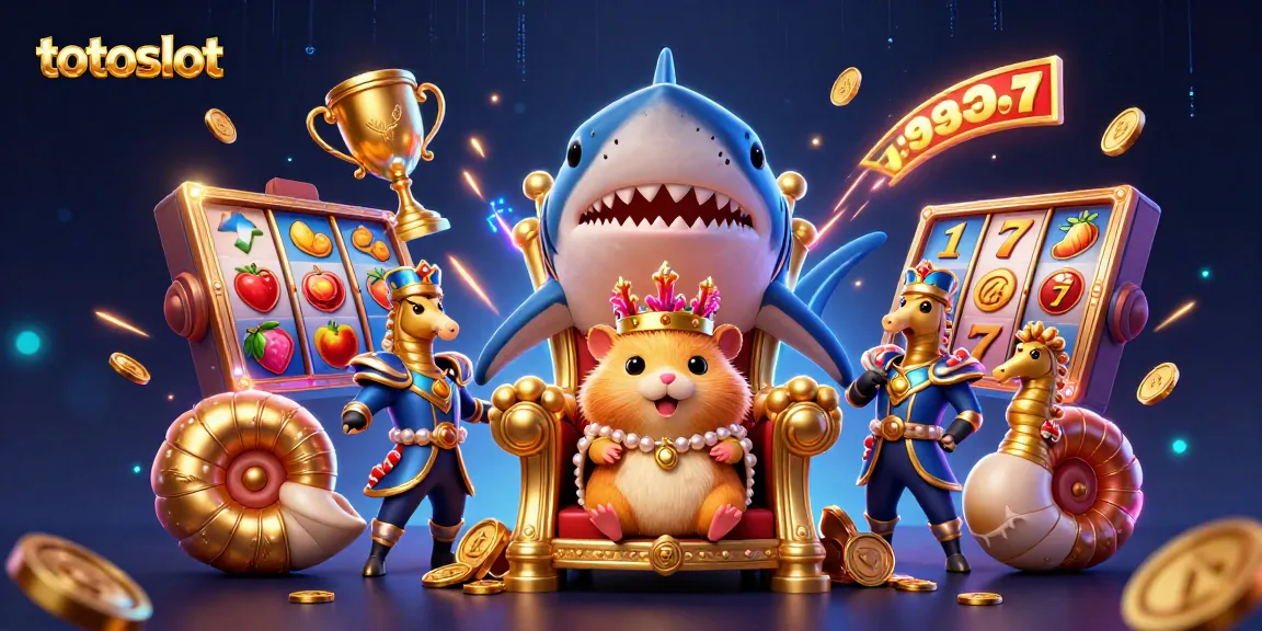 Totoslot game illustration showcasing a golden hamster king on a shark throne amidst vibrant slot elements, bringing excitement.