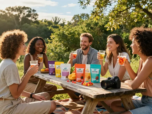 Group enjoying activist edibles outdoors, sharing THC gummies in a vibrant picnic scene.