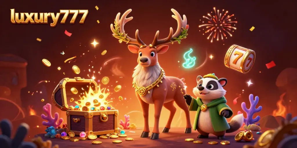 Immerse in luxury777's vibrant casino scene with playful characters, dazzling treasures, and enchanting magic.