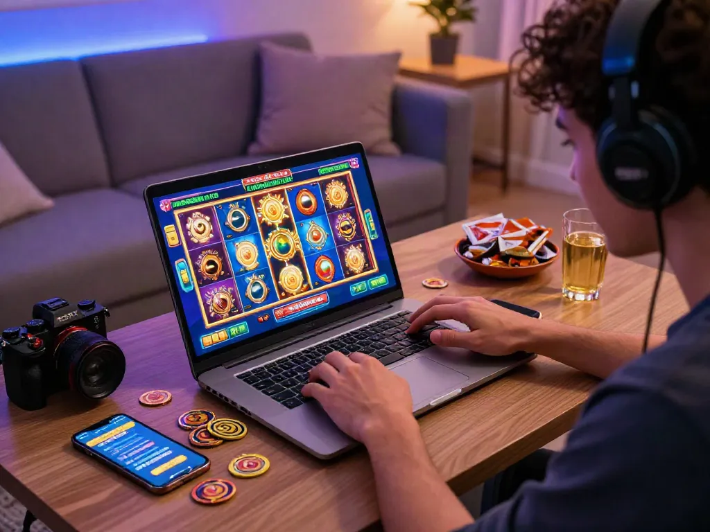 Player celebrating a big win on slot maxwin in a colorful online gaming environment