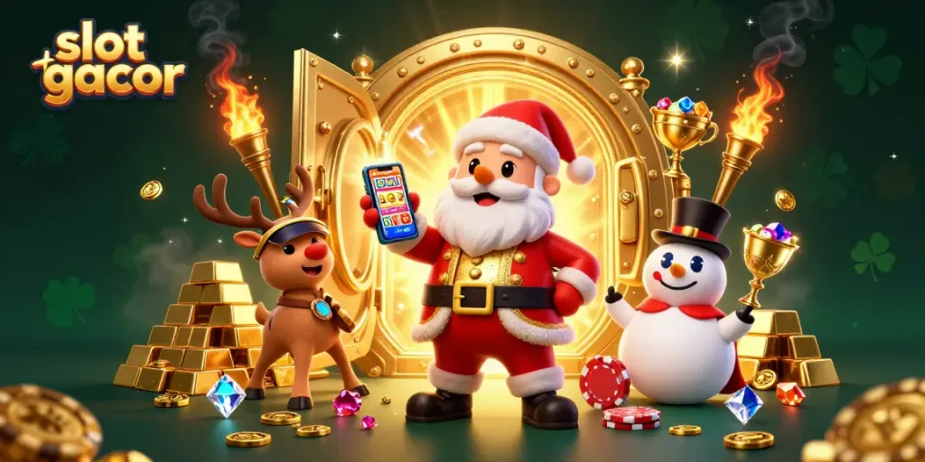 Slot gacor menampilkan Santa Claus berkarisma di kasino dengan simbol jackpot yang berkilauan.