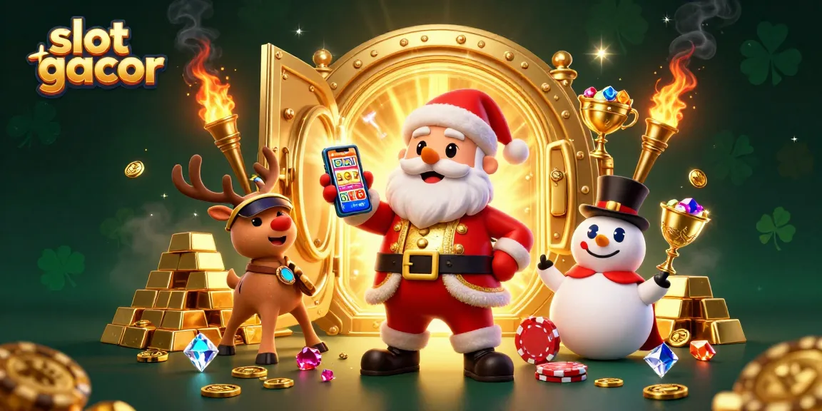 Slot gacor menampilkan Santa Claus berkarisma di kasino dengan simbol jackpot yang berkilauan.