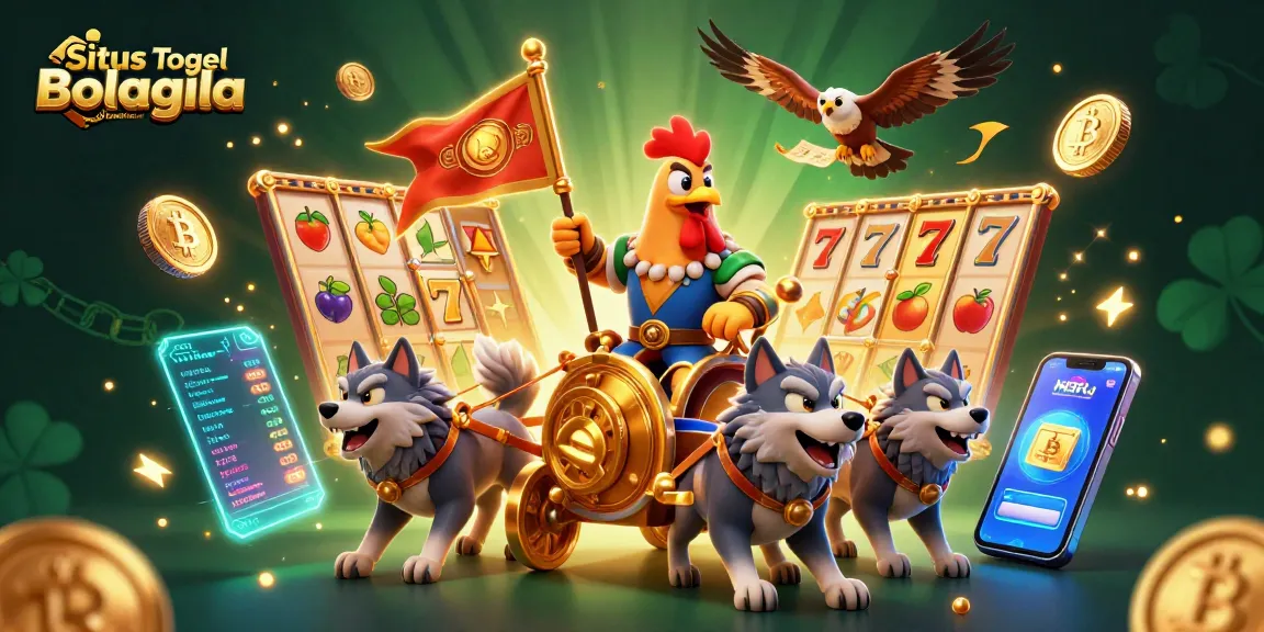 Situs Togel Resmi Bolagila menghadirkan ilustrasi 3D menarik dengan karakter ayam perang yang berperang di atas kereta emas.
