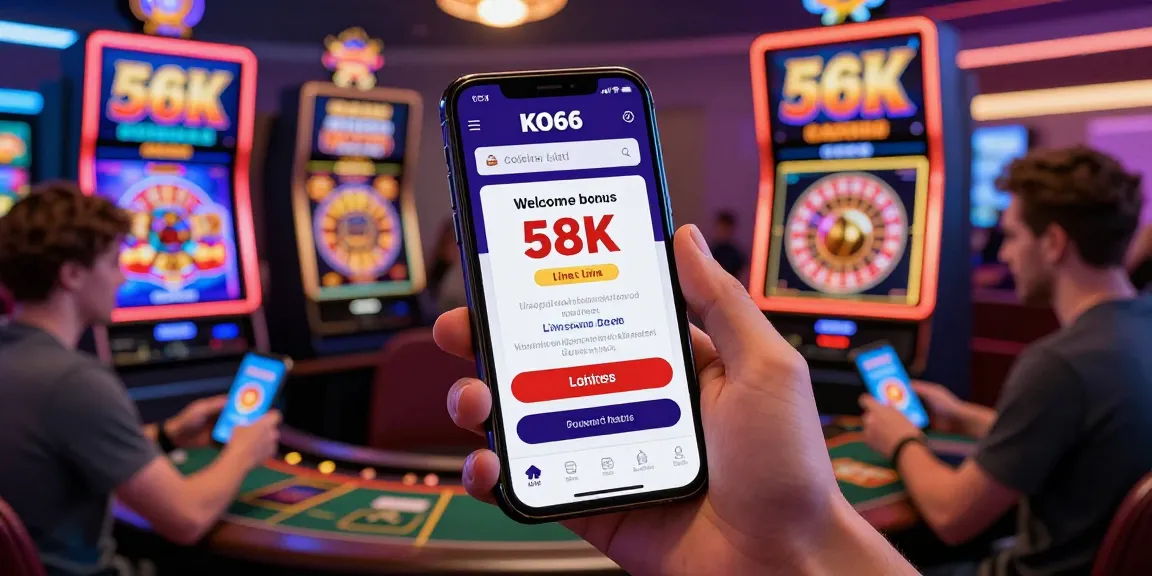 Engaging KO66 Casino mobile app scene with new players enjoying live dealer games and vibrant promotional banners.