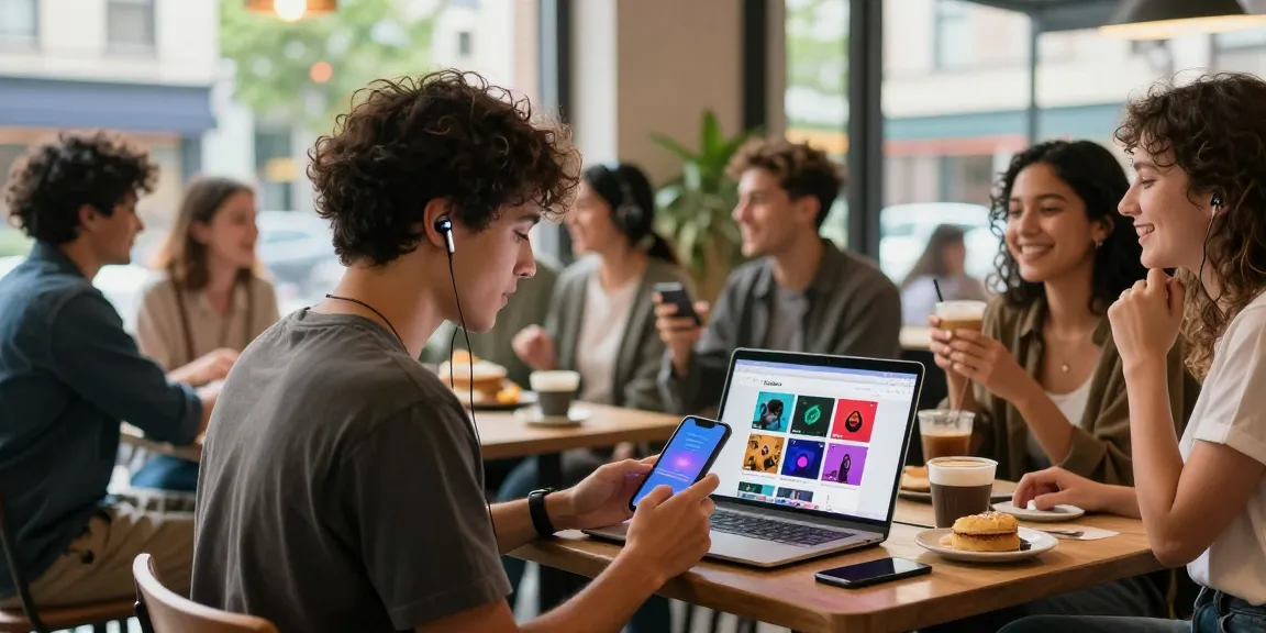 Tubidy music downloader scene with friends enjoying streaming MP3 in a café.