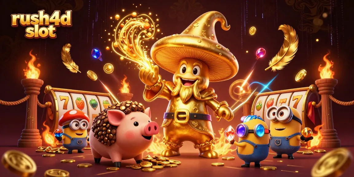 Menggali harta dengan rush4d slot bersama penyihir jamur emas dan babi truffle dalam ilustrasi kasino yang meriah.