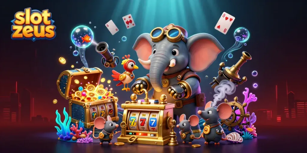 Slot Zeus memperlihatkan mesin slot emas dari gajah steampunk yang beraksi.