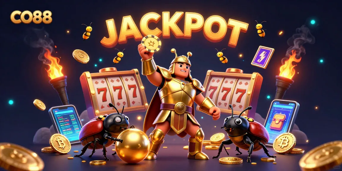 Experience CO88 excitement with a victorious beetle lifting a poker chip amidst vibrant casino elements.