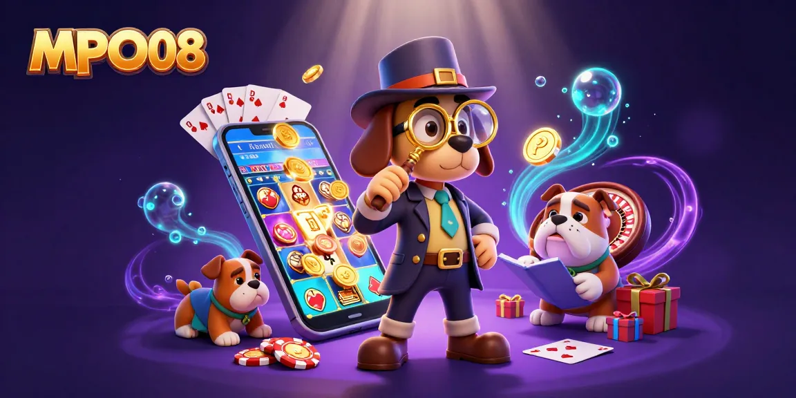 MPO08 engages players with a colorful slot game scene, depicting winners with golden poker chips and cheerful characters.