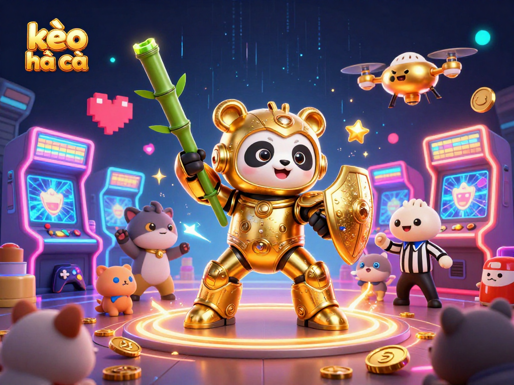 Engage with kèo nhà cái through this vibrant scene of a mech-suit golden panda in an arcade game arena.