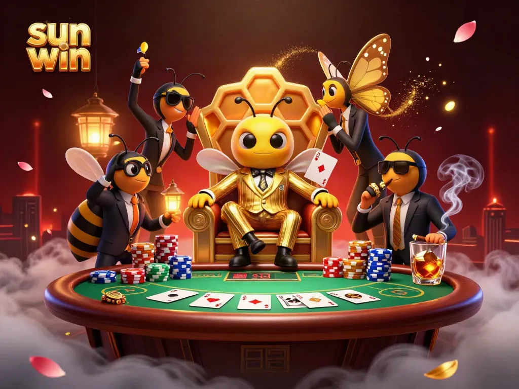 Experience thrilling gaming with "sun win" at a lively poker table scene featuring unique characters.