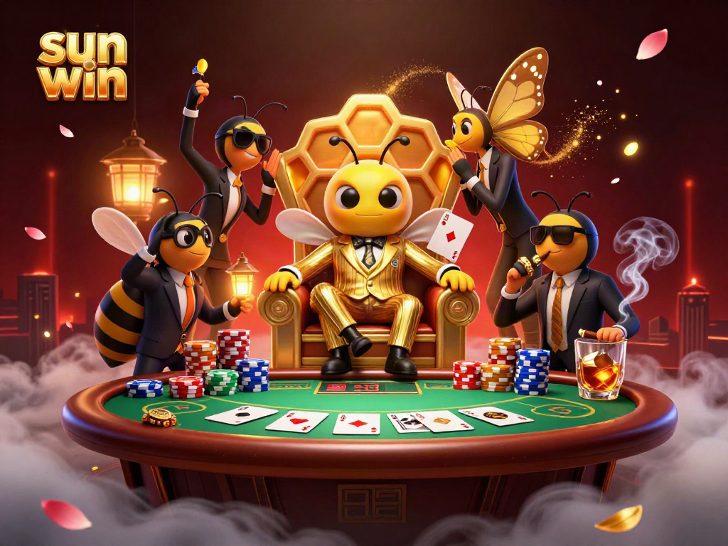 Experience thrilling gaming with "sun win" at a lively poker table scene featuring unique characters.