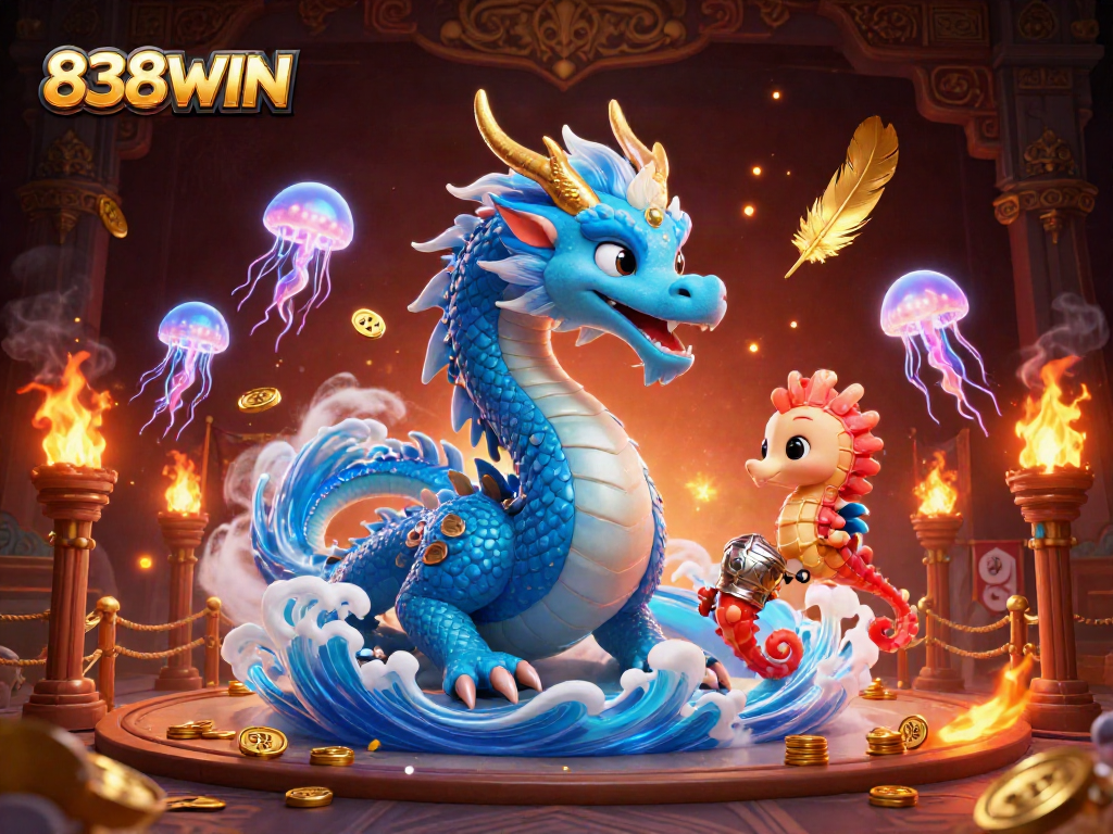 Play thrilling 838WIN casino games with majestic water dragon and knight surrounded by golden coins.