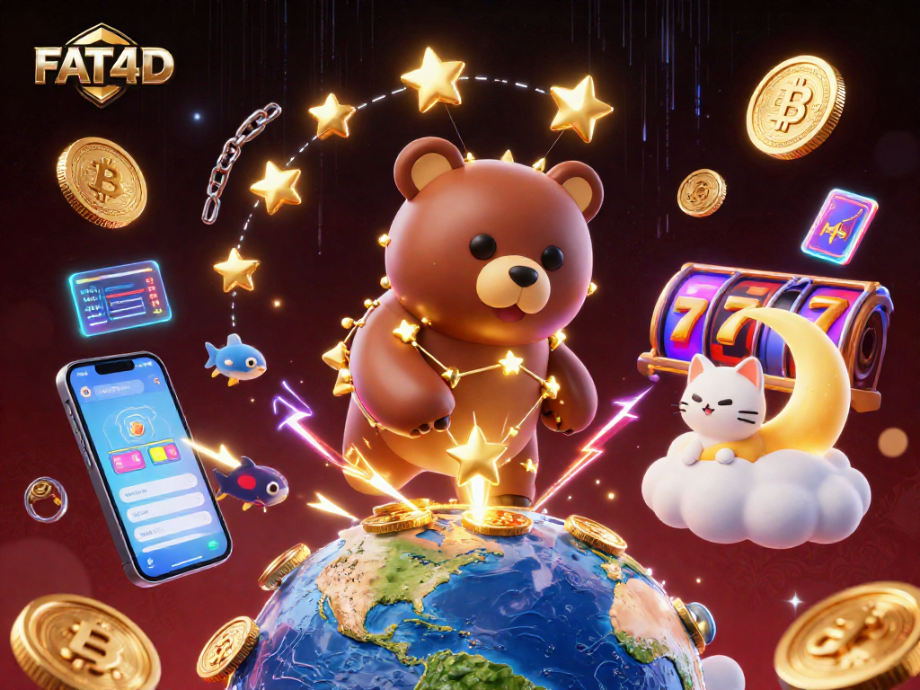 Experience the thrill of FAT4D with constellation bear and vibrant slot reels amidst dazzling coins.