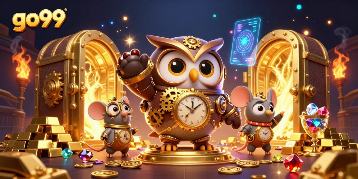 Experience excitement with go99's vibrant casino features and whimsical characters in this dynamic illustration.