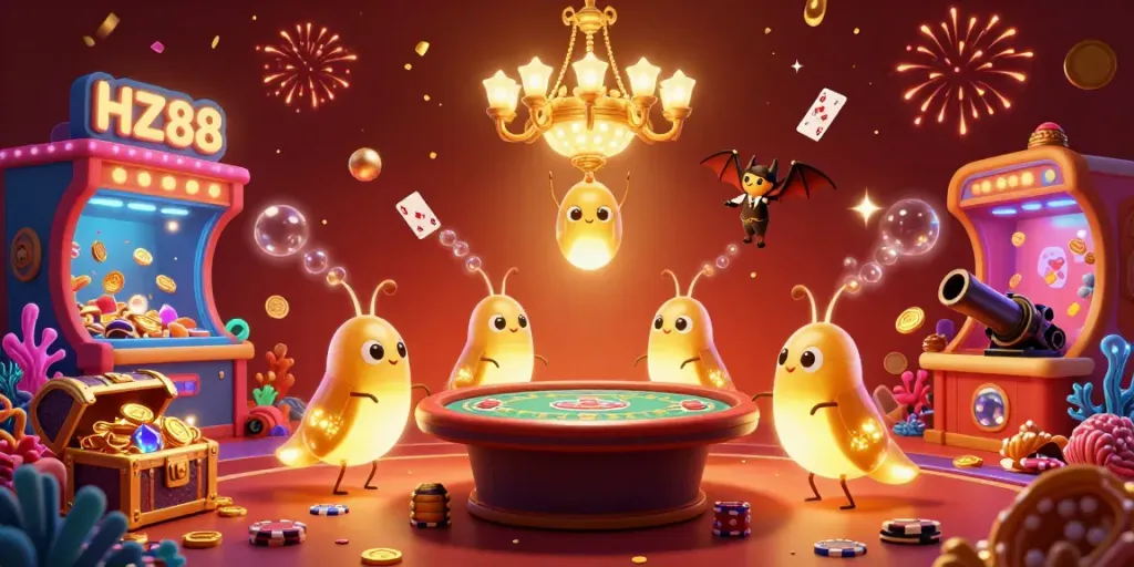 Experience the vibrant world of HZ88 as glowworms illuminate the bustling casino scene filled with playful elements and celebratory confetti.