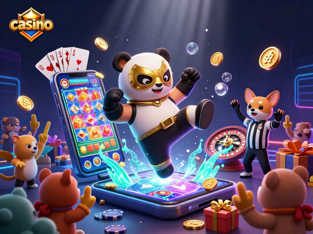 Engage in thrilling casino gaming with a panda wrestler and energetic crowd in this exciting 3D illustration.