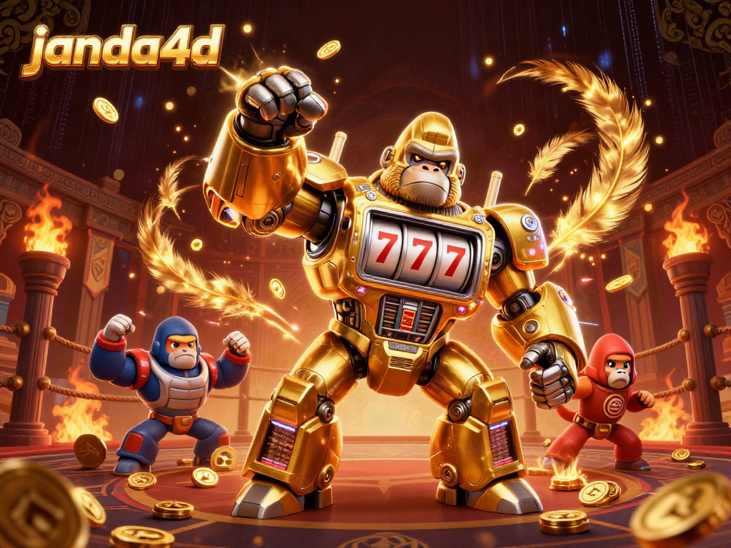 Gorilla emas transformer janda4d dengan efek slot dan uang koin berterbangan.