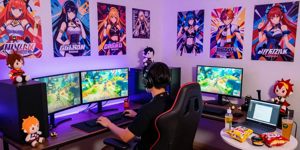 Engaging gamer corner featuring a person playing a hentai game on multiple monitors, colorful anime posters, and vibrant gaming atmosphere
