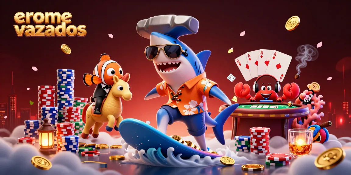 Engage with erome vazados as a shark surfs coins amidst poker chips and cards, capturing casino excitement.