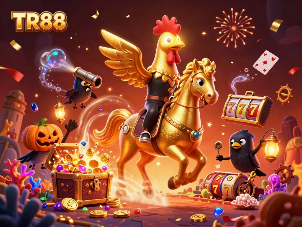 Experience TR88 gaming thrills with the golden rooster in a dynamic casino scene bursting with excitement.
