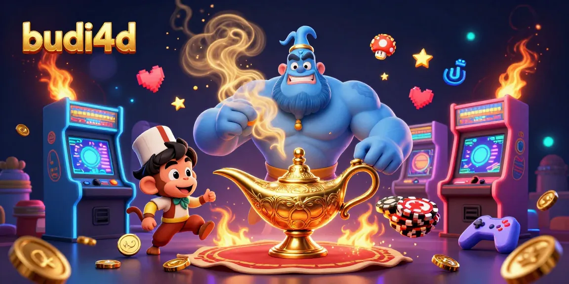 Budi4d offers an enchanting casino atmosphere with a genie, monkey, and vibrant game elements.
