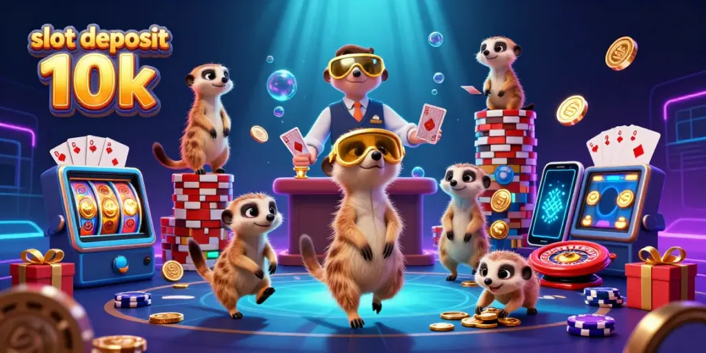 Nikmati sensasi permainan slot deposit 10k dengan karakter meerkat dan elemen kasino yang meriah.