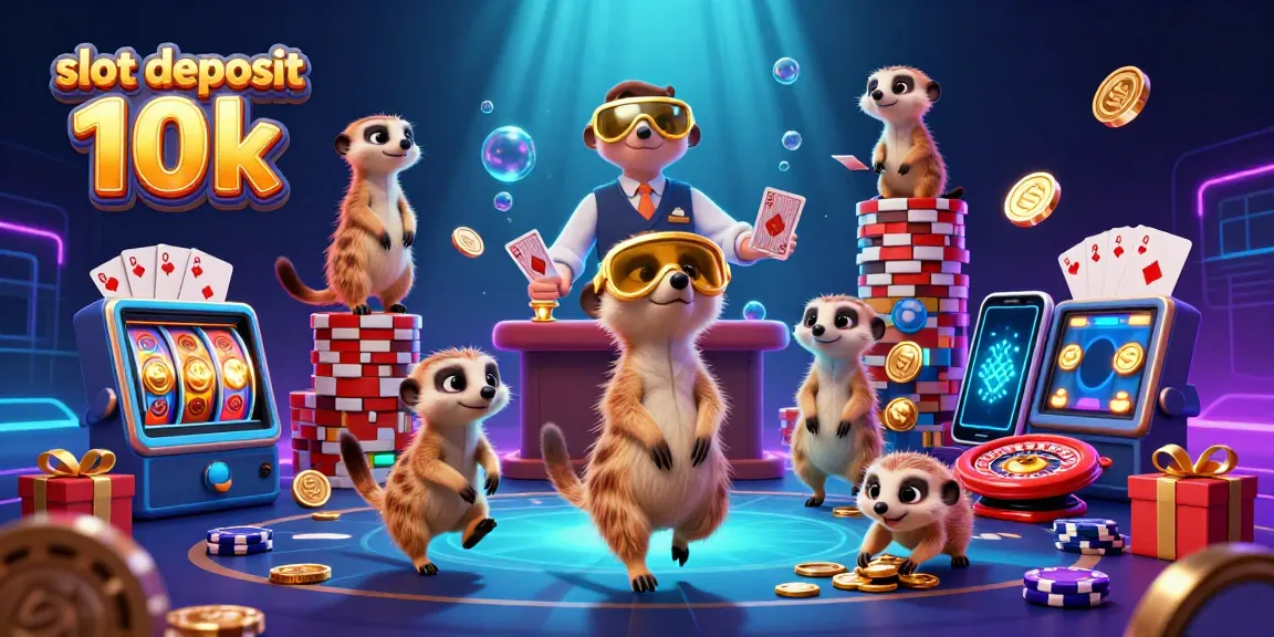 Nikmati sensasi permainan slot deposit 10k dengan karakter meerkat dan elemen kasino yang meriah.