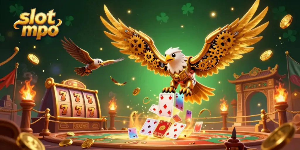 Engage with slot mpo in this dynamic 3D illustration of a golden eagle amidst swirling slot reels and vibrant casino elements.