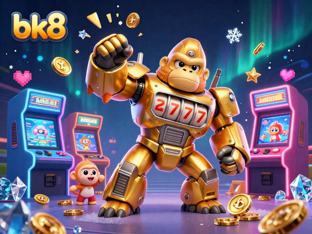 Experience the dynamic bk8 gaming world where a golden gorilla mech bursts with 3D game elements and coins.