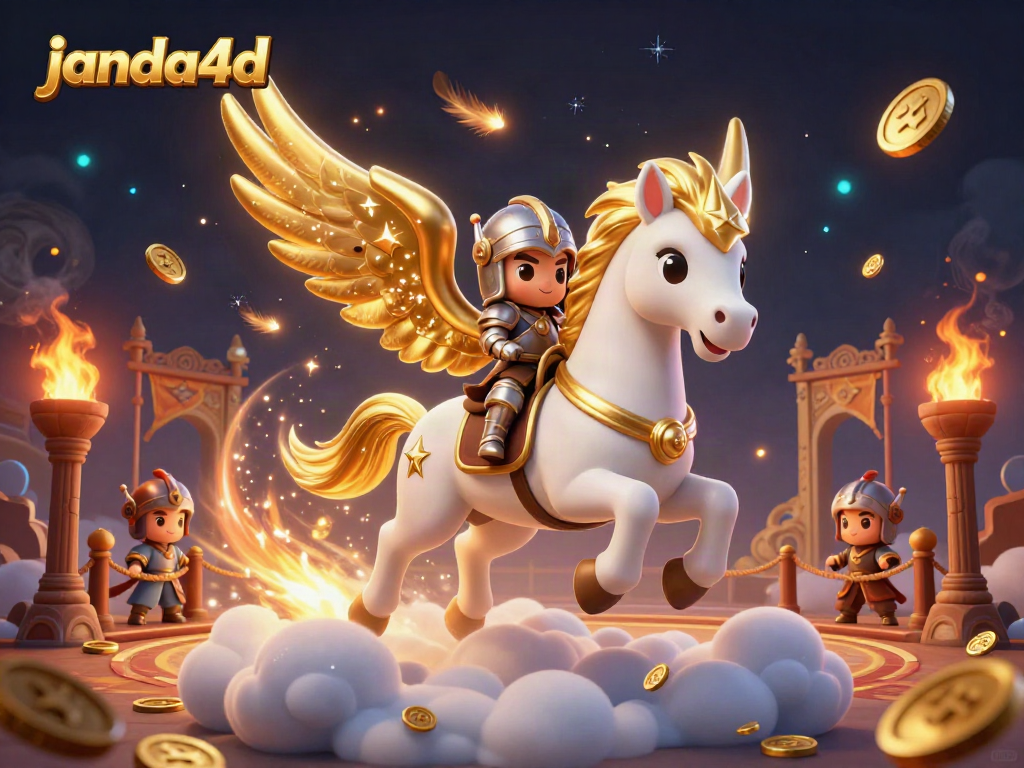 Permainan daring di JANDA4D dengan kuda surgawi dan karakter kesatria dalam ilustrasi 3D.