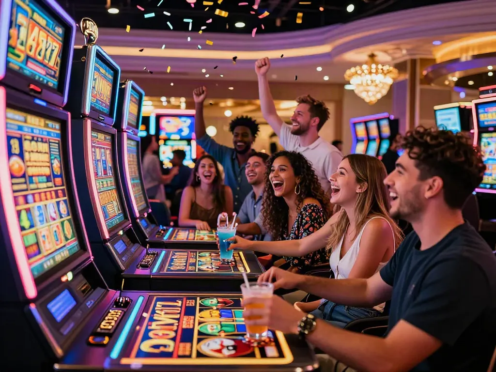 Exciting scene at a casino featuring a group celebrating their Lucky777 slot win with neon lights and confetti.