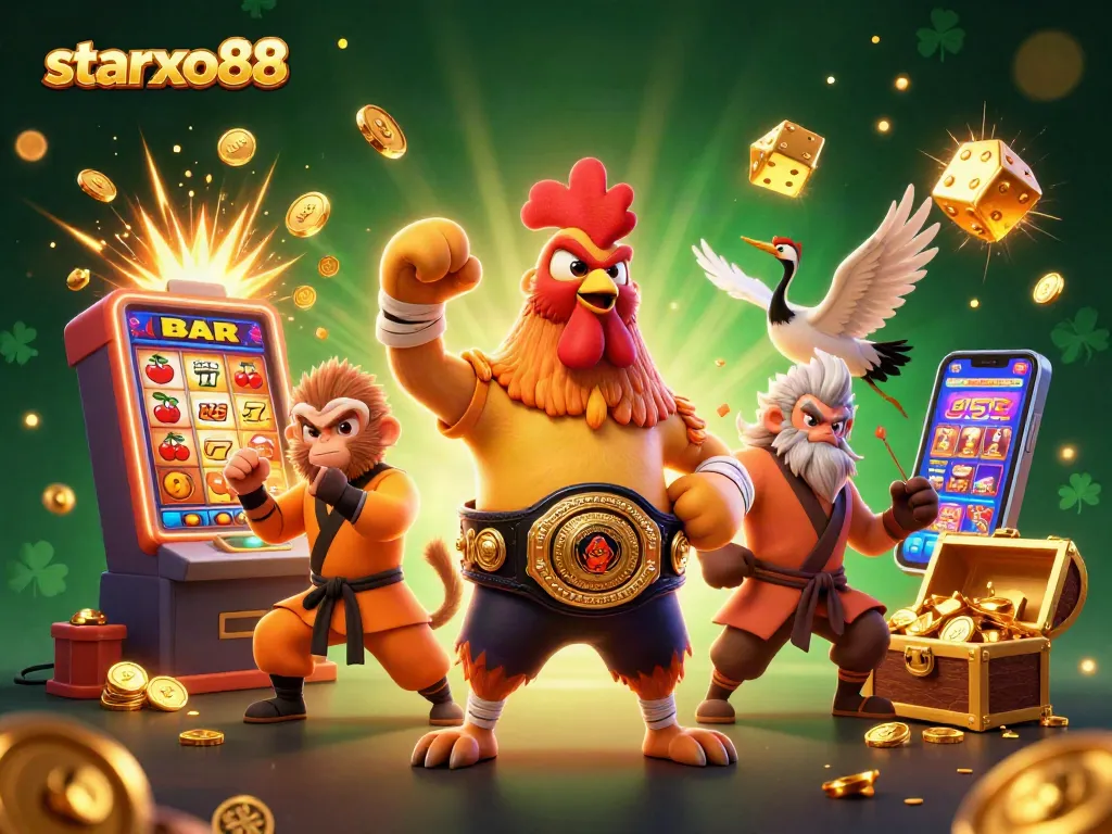 Experience starxo88's dynamic casino gaming with a vibrant 3D illustration of animated characters and slot elements.
