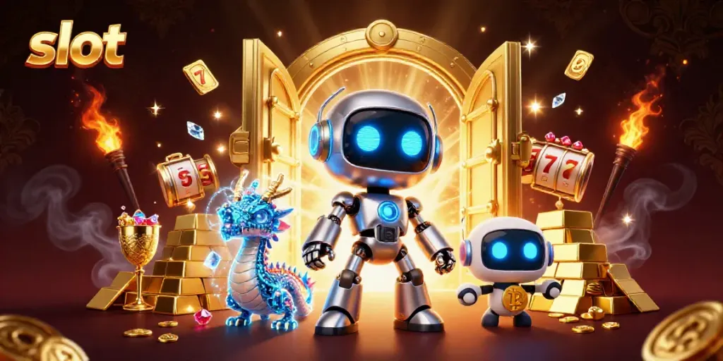 Experience thrilling slot excitement with cartoon robots amidst treasure and gems.