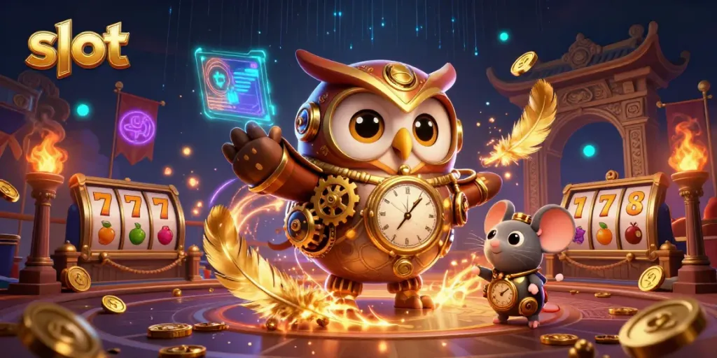 Experience thrilling slot gameplay with a vibrant 3D casino scene featuring time-traveling characters.