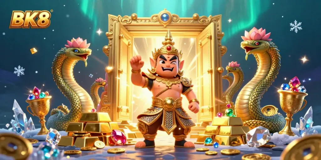 Experience the vibrant BK8 casino world with a friendly guardian and treasure-filled scene.