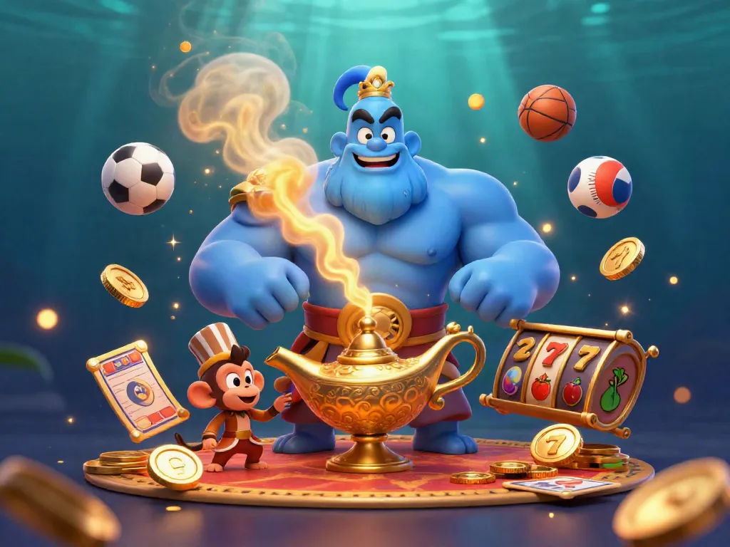 Mainkan slot dengan genies dan simbol keberuntungan di ilustrasi 3D yang cemerlang.