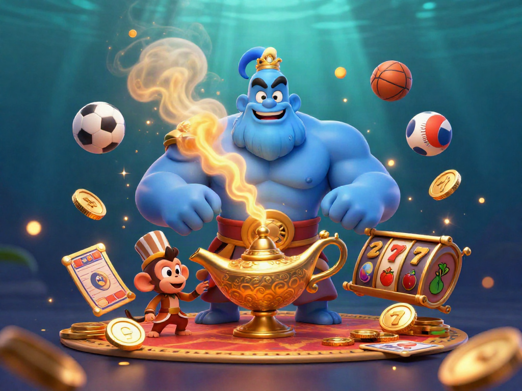 Mainkan slot dengan genies dan simbol keberuntungan di ilustrasi 3D yang cemerlang.