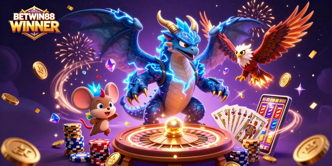Experience exciting gameplay with BETWIN88 WINNER in this vibrant 3D illustration showcasing casino action.