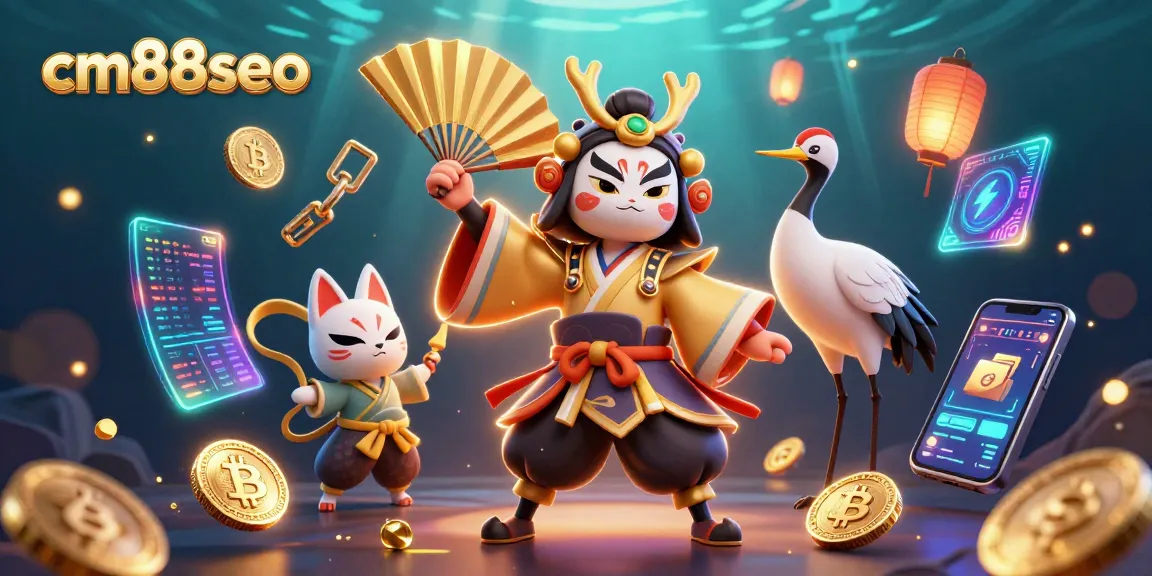 Engage with cm88seo's vibrant crypto casino scene featuring kabuki warriors and glowing elements.